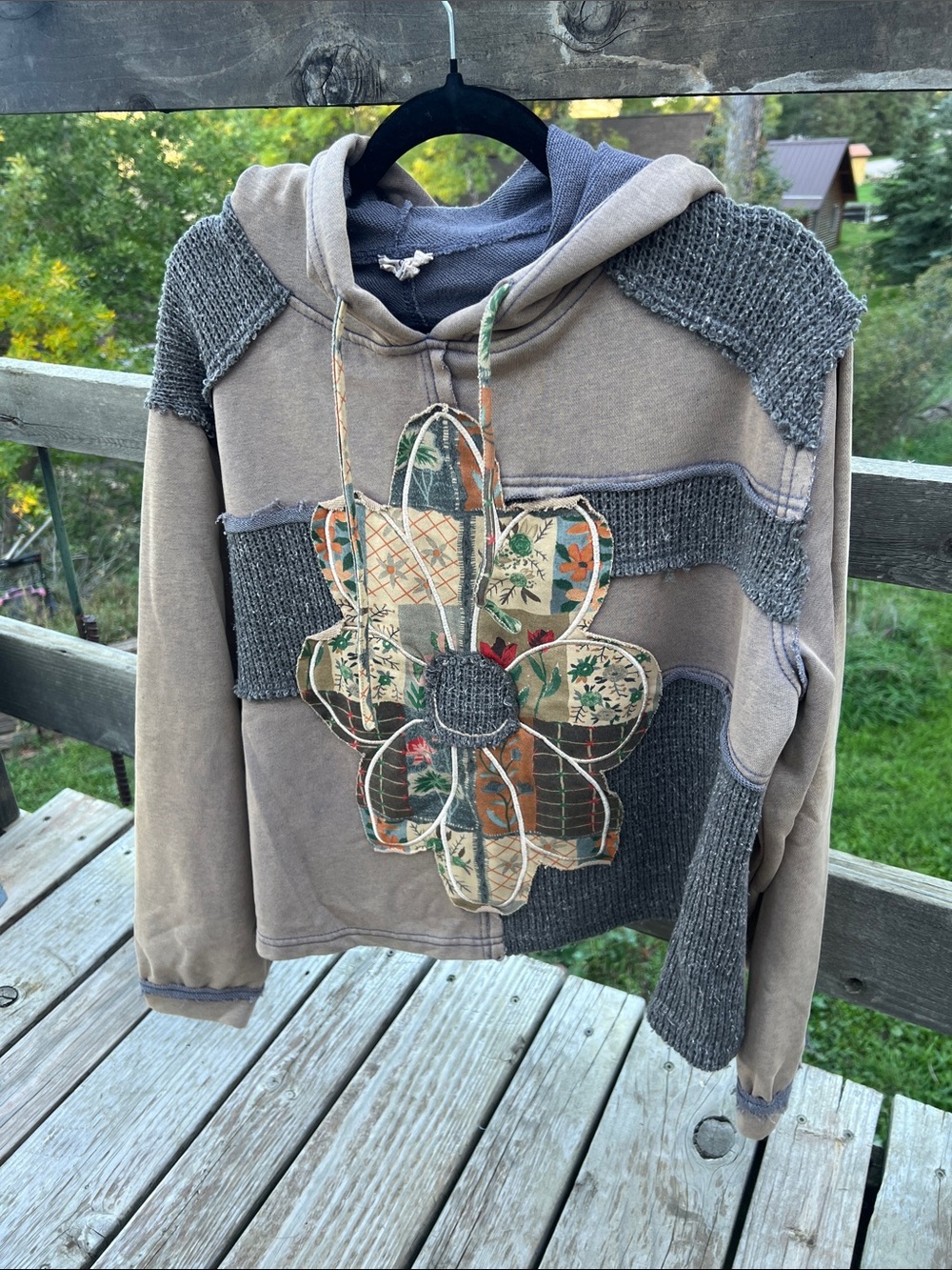 POL Patchwork Flower Appliqué Pullover Hoodie - Taupe, Gray, Green, Orange - Picture 1 of 9